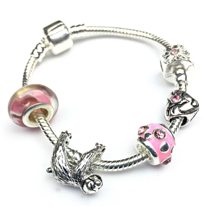 Children's Pink 'Just Hanging Sloth' Silver Plated Charm Bead Bracelet