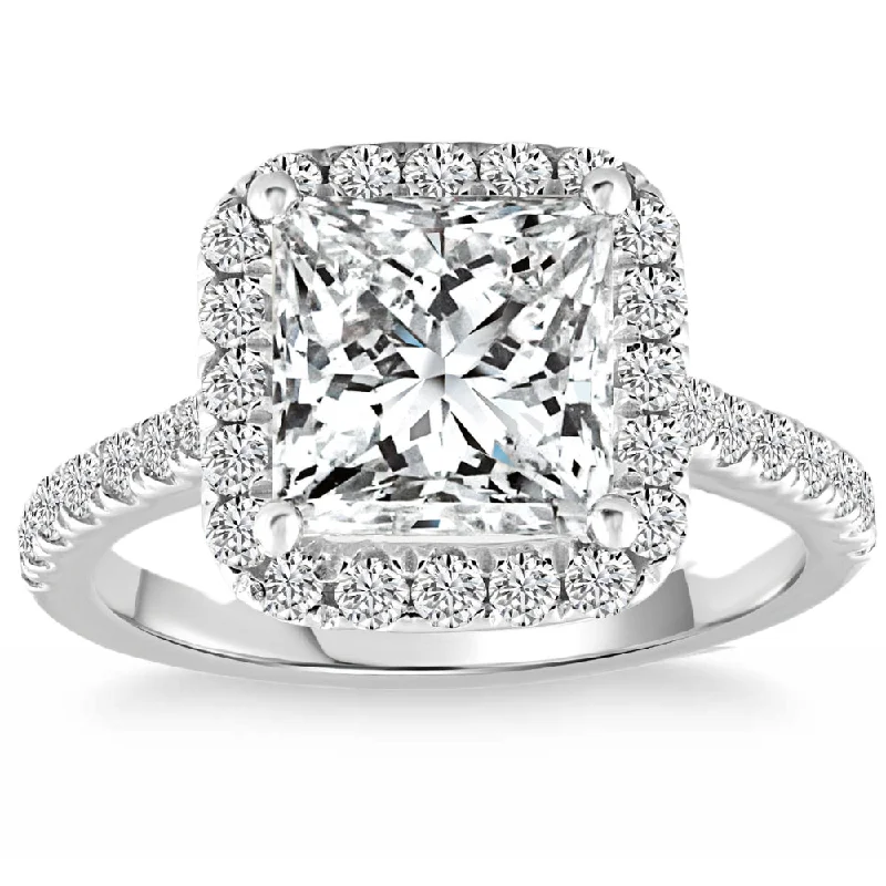 colored gemstone engagement rings -Certified 3.80Ct Princess Cut Halo Diamond Engagement Ring 14k White Gold