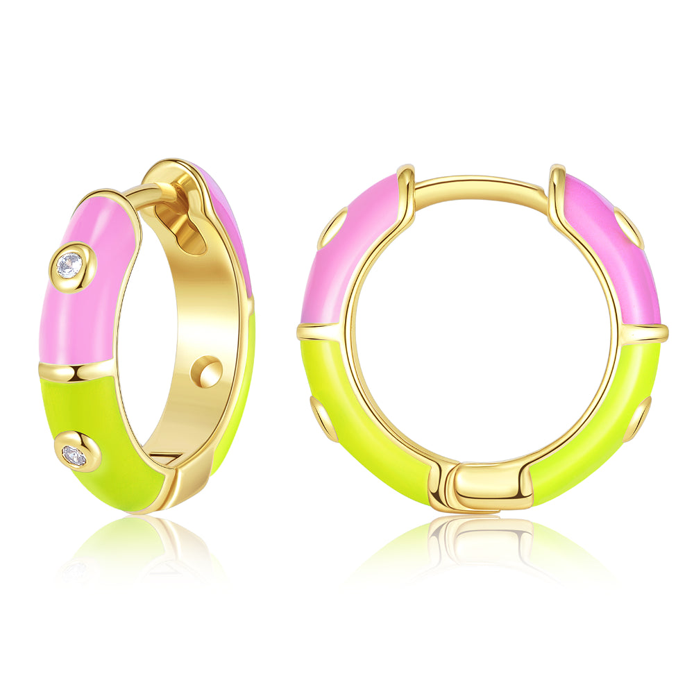 women statement drop earrings -Dainty Dual-color Enamel Small Hoop Colorful Cute Huggie Earrings Color with Yellow-Pink