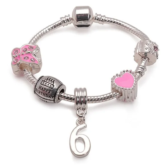 Children's Pink 'Happy 6th Birthday' Silver Plated Charm Bead Bracelet