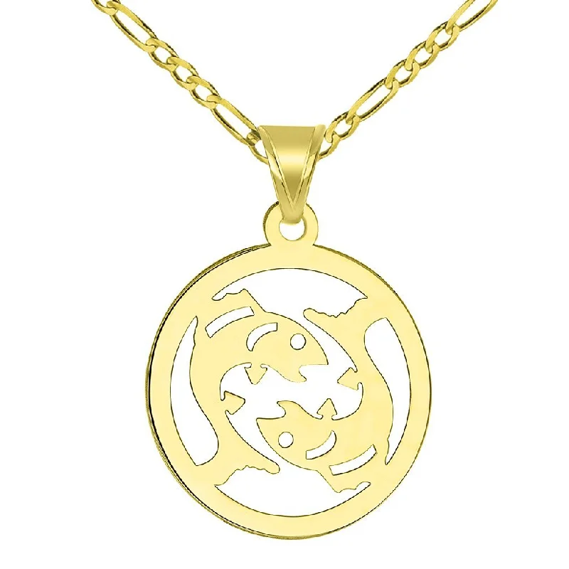 women gold necklaces -14k Yellow Gold Dainty Round Pisces Zodiac Symbol Cut-Out Fish Pendant with Figaro Chain Necklace