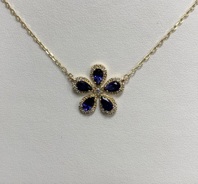 women statement necklaces -14kt Yellow Gold Iolite Flower Necklace