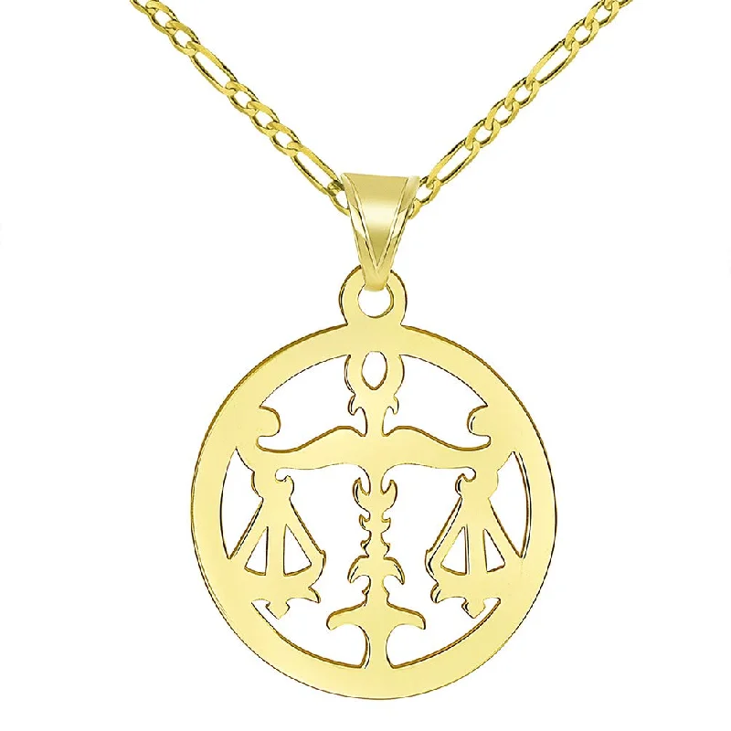 women engraved charm necklaces -14k Yellow Gold Dainty Round Libra Zodiac Sign Scale Disc Pendant with Figaro Chain Necklace