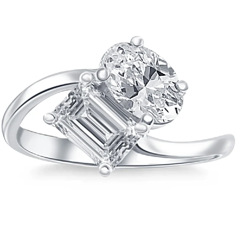 affordable diamond engagement rings -2 1/4Ct TW Toi et Moi Oval And Emerald Cut Engagement Ring White Gold Lab Grown