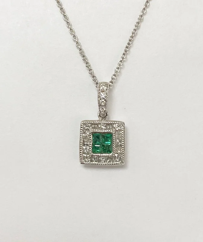 women chic necklaces -14kt White Gold Invisible Set Emerald and Diamond Pendant