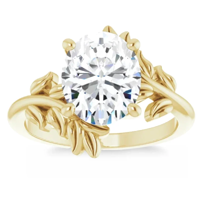 vintage engagement rings -Certified 3Ct Oval Solitaire Diamond Engagement Ring Gold Lab Grown Leaf Floral