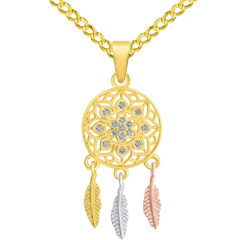 women modern necklaces -14k Yellow Gold Native American Tri-Tone Dreamcatcher Pendant with Cuban Curb Chain Necklace