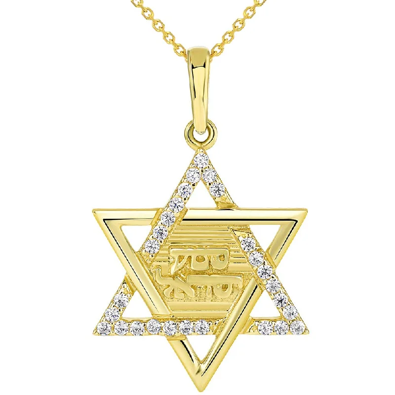 women designer necklaces -Solid 14K Yellow Gold Hebrew Shema Yisrael CZ Star of David Pendant Necklace