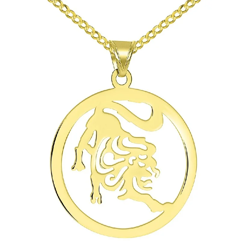 women short necklaces -Solid 14k Yellow Gold Round Leo Zodiac Symbol Cut-Out Lion Pendant with Cuban Chain Necklace