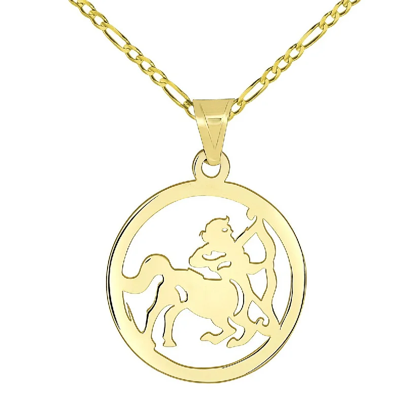 women long silver necklaces -14k Yellow Gold Dainty Round Sagittarius Zodiac Sign Cut-Out Disc Pendant with Figaro Chain Necklace