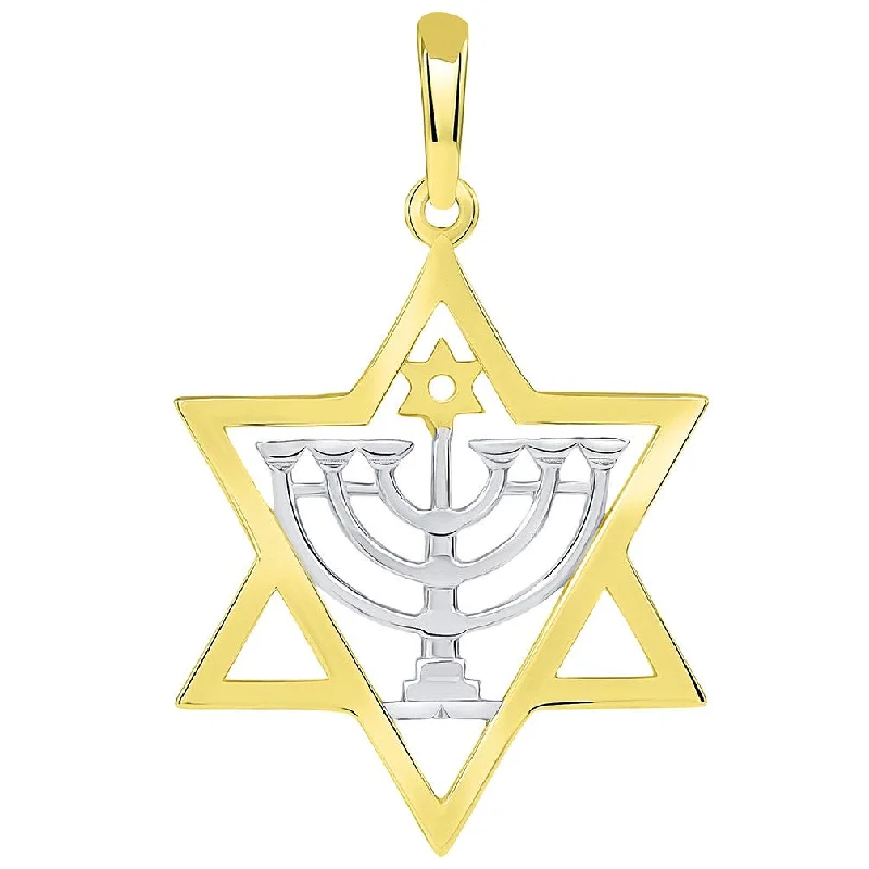 women boho necklaces -Solid 14k Yellow Gold Jewish David with Menorah Pendant