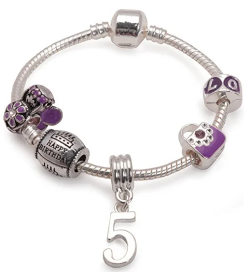 Children's Purple 'Happy 5th Birthday' Silver Plated Charm Bead Bracelet