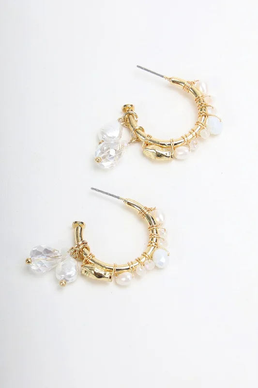 women statement earrings -Faux Pearl Clear Beaded Hoop Earrings