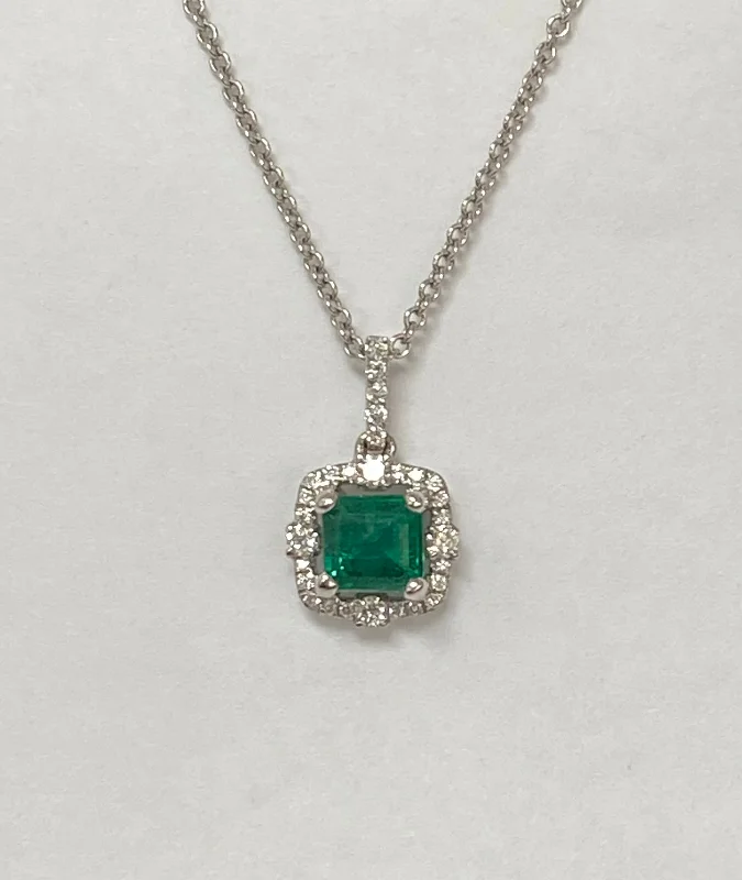 women classic gold necklaces -14kt White Gold Emerald Halo Pendant