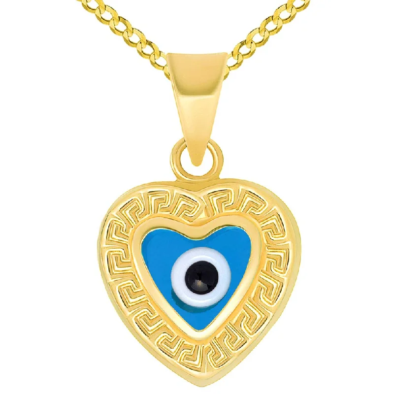 women layered necklaces -14k Yellow Gold Greek Key Pattern Heart Shaped Blue Evil Eye Pendant Curb Chain Necklace