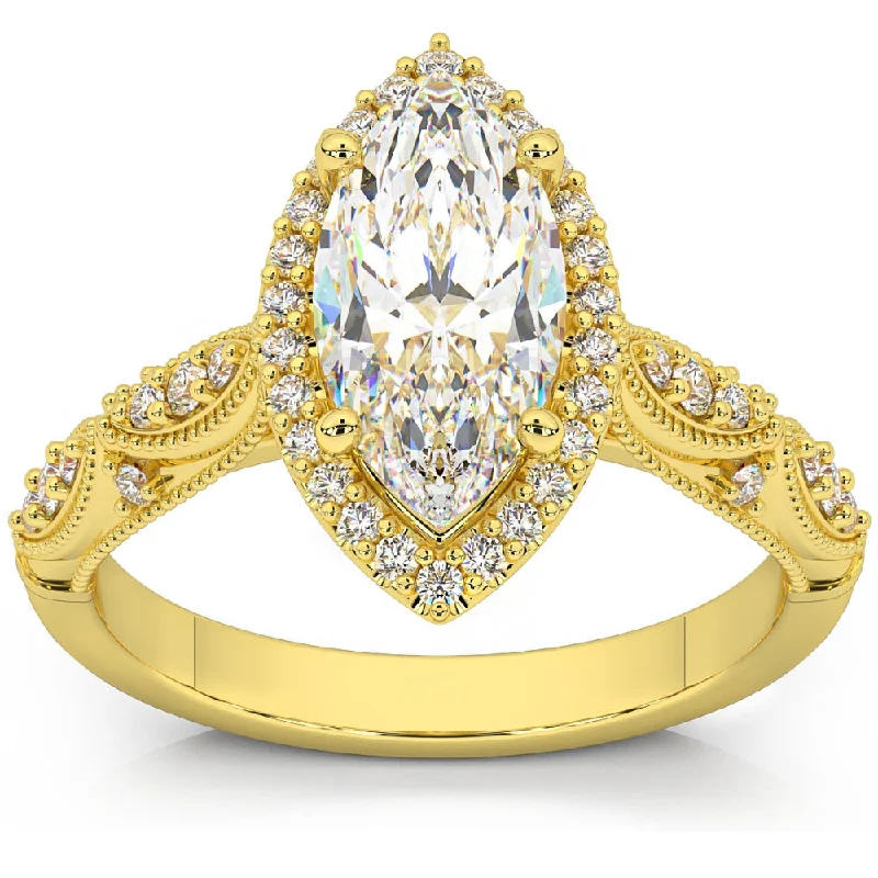 custom engraved engagement rings -2 1/4Ct Marquise Halo Nature Inspired Lab Grown Diamond Engagement Ring 14k Gold