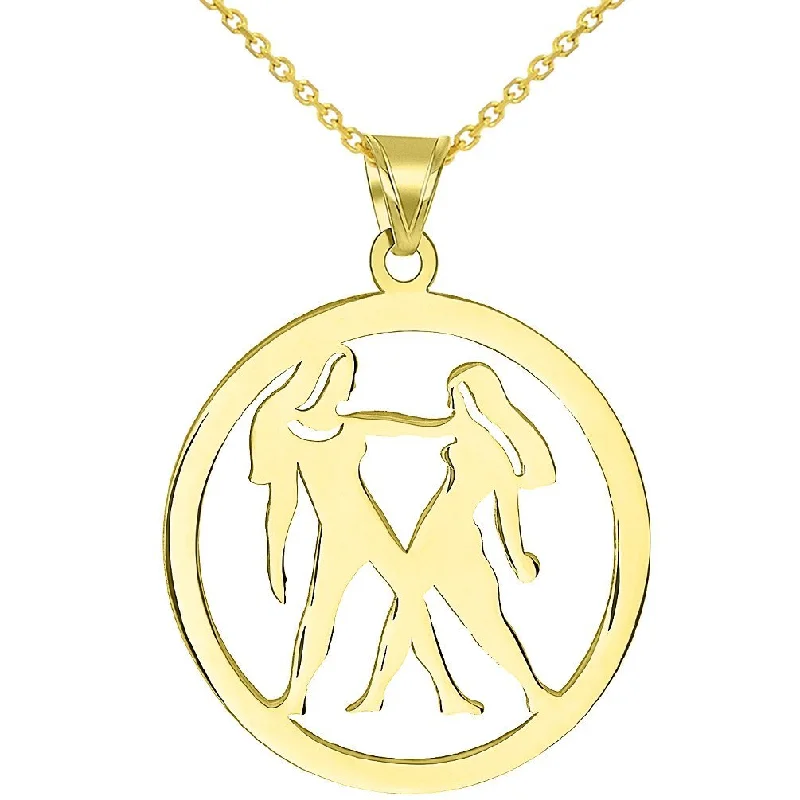 women chic gold necklaces -Solid 14k Yellow Gold Round Gemini Twins Zodiac Sign Cut-Out Disc Pendant Necklace