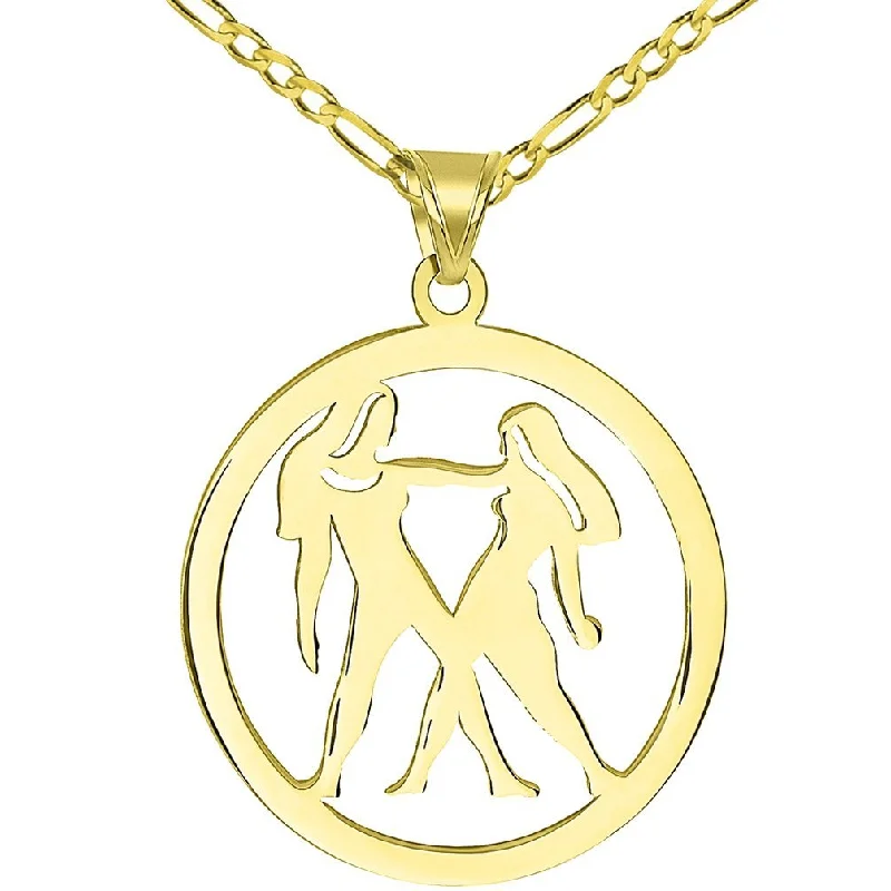 women rhinestone necklaces -Solid 14k Yellow Gold Round Gemini Twins Zodiac Sign Cut-Out Disc Pendant with Figaro Chain Necklace