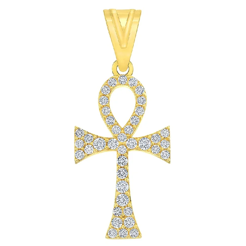 women rose gold necklaces -14k Yellow Gold Cubic-Zirconia Egyptian Ankh Cross Pendant