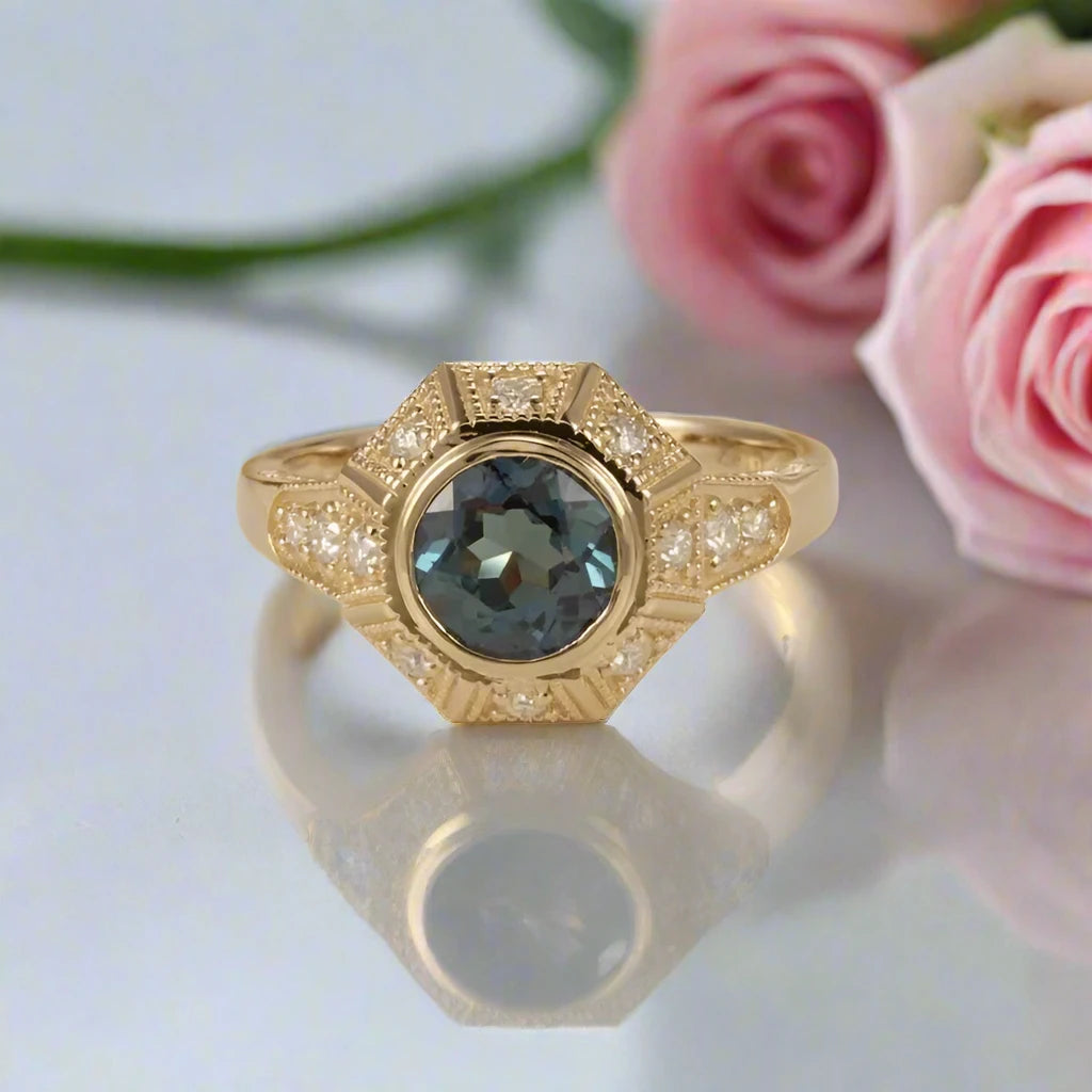 sapphire engagement rings -14k Yellow Gold Round Cut Alexandrite Filigree Engagement Ring