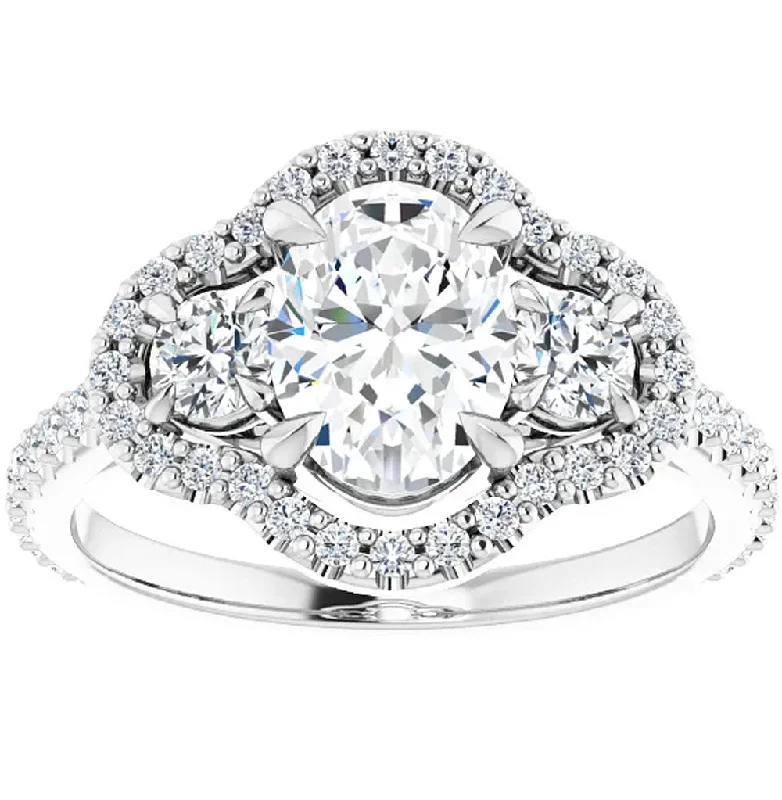 contemporary moissanite engagement rings -1 3/4 Ct Three Stone Halo Diamond & Oval Moissanite Engagement Ring White Gold