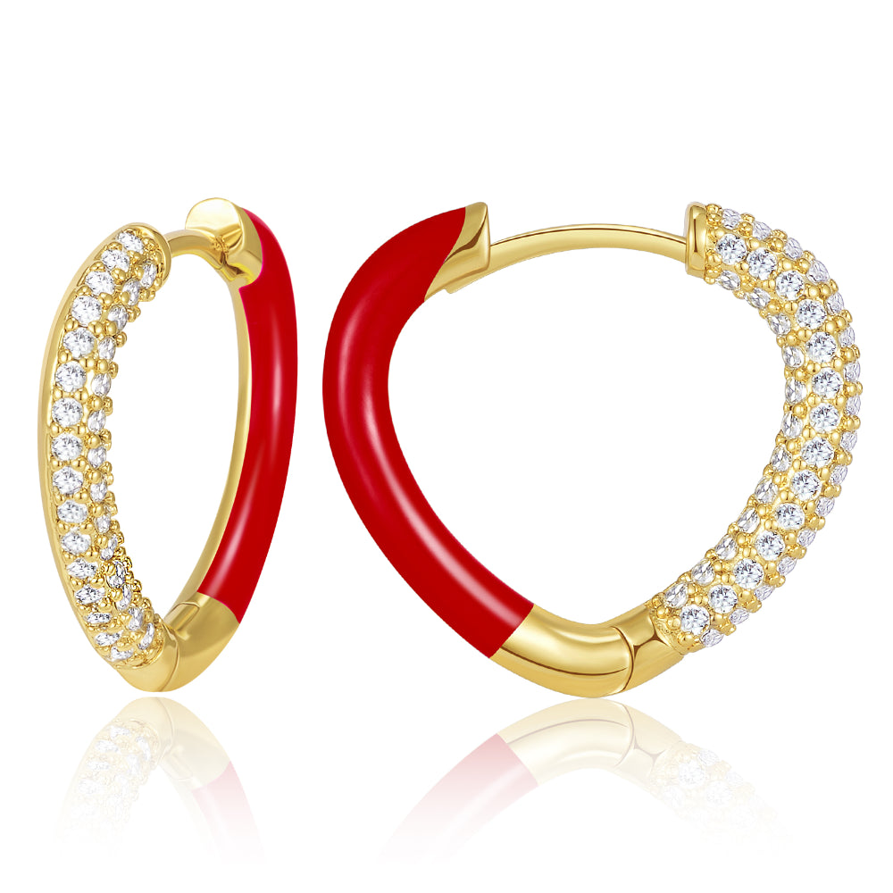 women gold dangle earrings -Red Enamel Heart-shaped Huggie Hoop Earrings