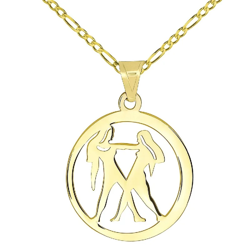 women pendant necklaces -14k Yellow Gold Dainty Round Gemini Twins Zodiac Sign Cut-Out Disc Pendant with Figaro Chain Necklace