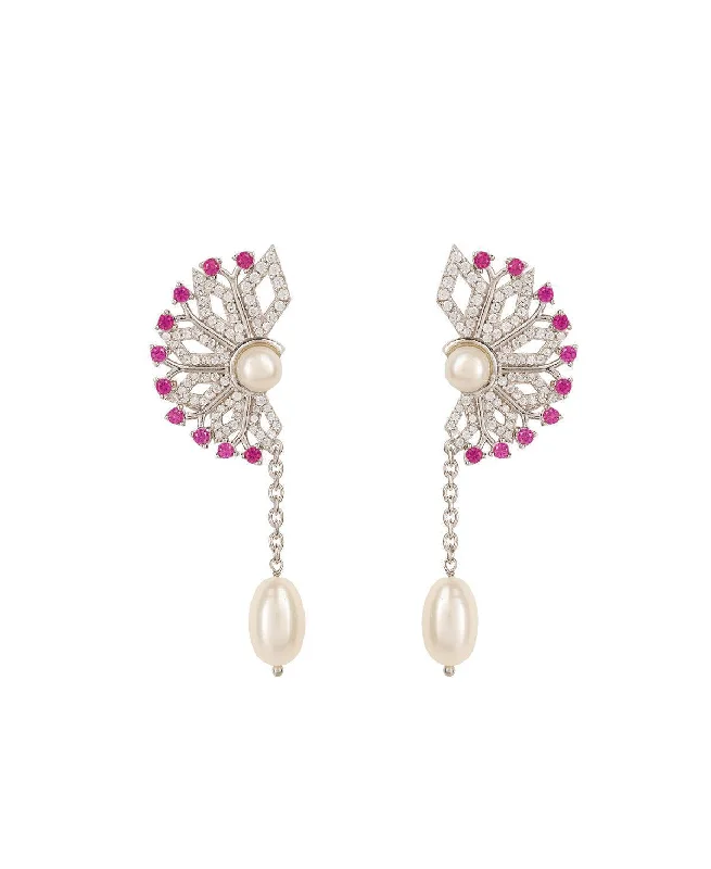 women drop earrings -Floral Half Stone Studded Pearl Hanging Earrings