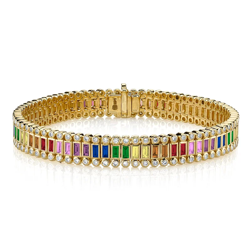 Gold & Rainbow Baguette and Round Bezel Eternity Bracelet