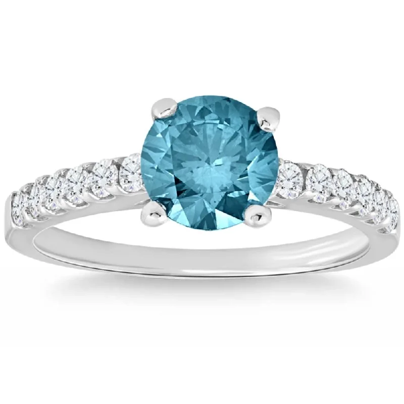 modern halo engagement rings -1 1/2Ct Blue & White Diamond Engagement Ring 14k White Gold Lab Grown