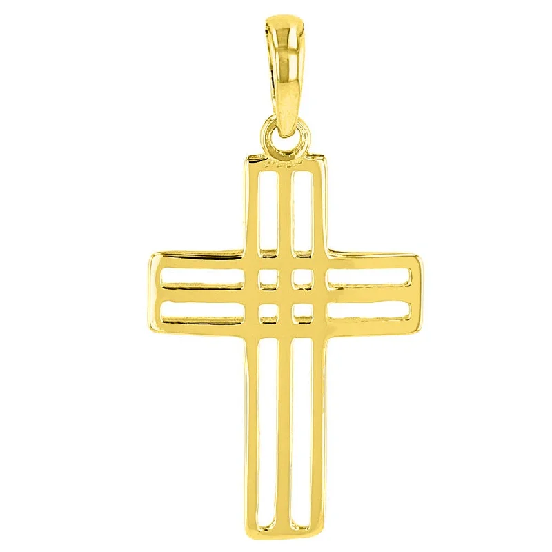 women gold chain necklaces -14k Yellow Gold Double Outline Open Religious Cross Charm Pendant