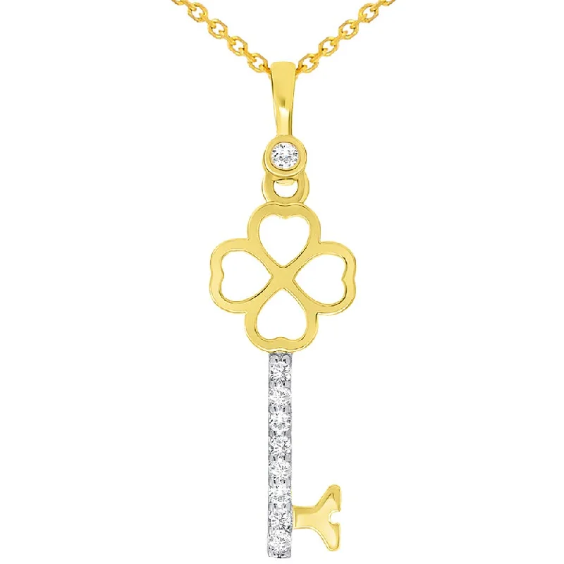 women golden flower necklaces -14k Yellow Gold Cubic Zirconia Four Leaf Clover Love Key Heart Pendant Necklace Available with Cable, Curb, or Figaro Chain