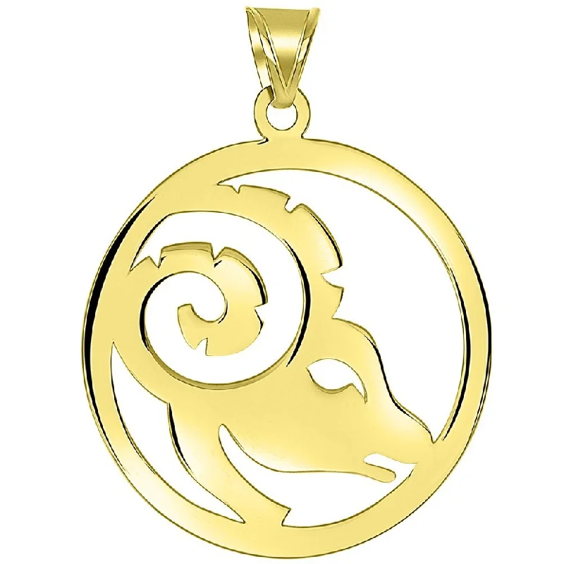 women twisted chain necklaces -Solid 14k Yellow Gold Round Aries Zodiac Sign Cut-Out Ram Head Pendant