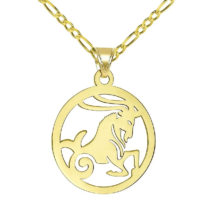 women natural stone necklaces -14k Yellow Gold Dainty Round Capricorn Zodiac Sign Goat Cut-Out Disc Pendant with Figaro Chain Necklace