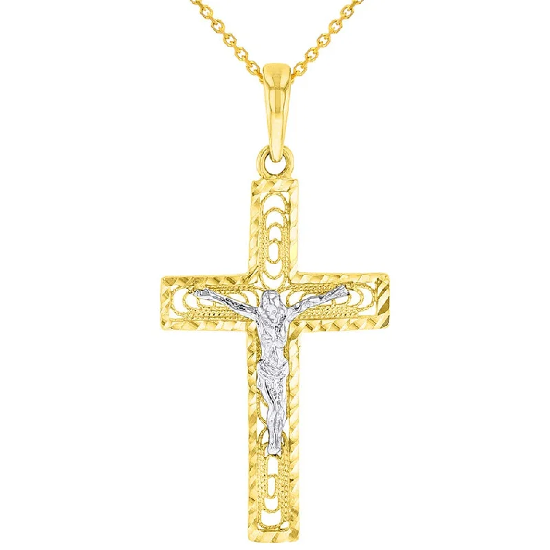 women artistic pendant necklaces -14k Two-Tone Gold Textured Catholic Cross Elegant Jesus Crucifix Pendant Necklace