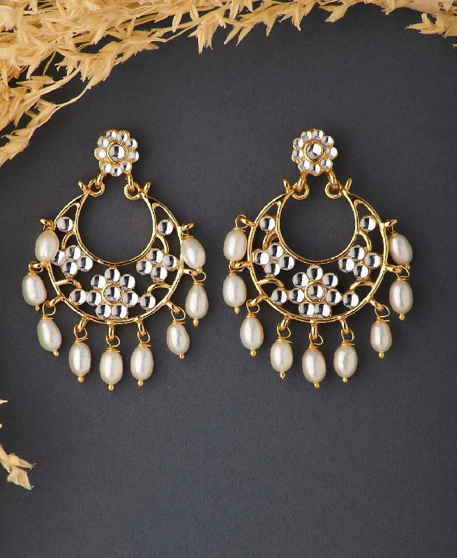 women sapphire earrings -Ethnic Stone Studded Hanging Pearl Jhumka