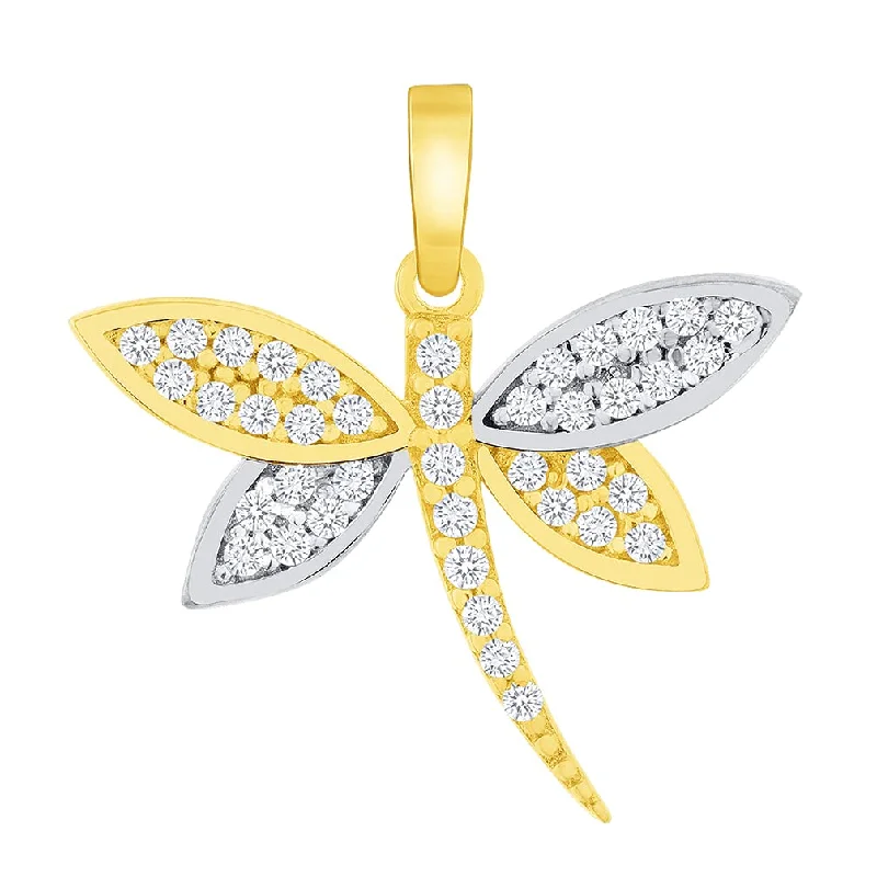 women silver link necklaces -14k Yellow Gold Cubic Zirconia Two-Tone Dragonfly Pendant