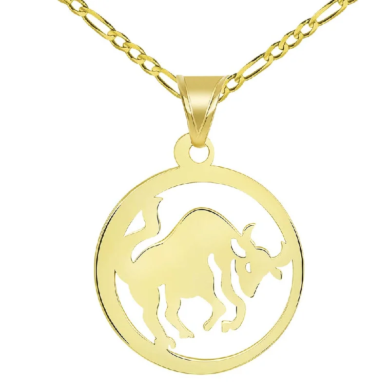 women large pendant necklaces -Solid 14k Yellow Gold Round Taurus Zodiac Sign Bull Disc Pendant with Figaro Chain Necklace