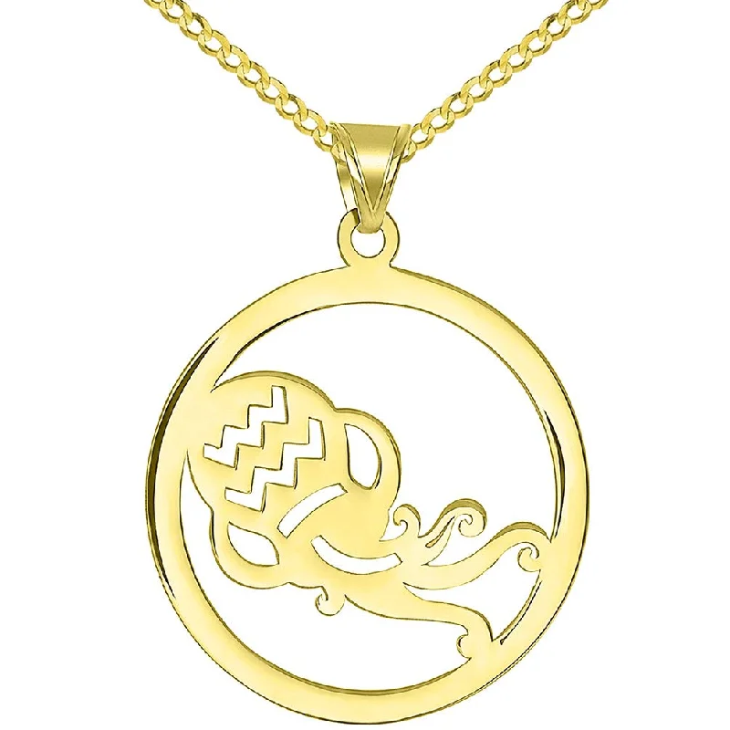 women infinity necklaces -Solid 14k Yellow Gold Round Aquarius Zodiac Sign Cut-Out Vase Disc Pendant with Cuban Chain Necklace