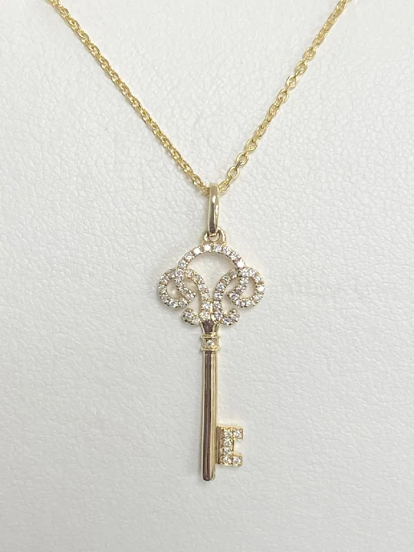 women artistic pendant necklaces -14kt Yellow Gold Diamond Key Pendant