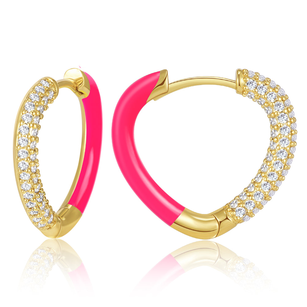 women long earrings -Rose Enamel Heart Huggie Hoop Earrings