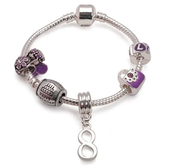 Children's Purple 'Happy 8th Birthday' Silver Plated Charm Bead Bracelet