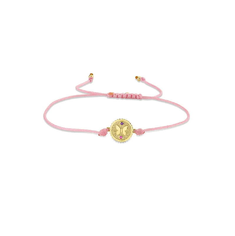 Gold, Pink Sapphire & Amethyst Wicked Glinda Butterfly Tiny Coin on Pink Cord Bracelet