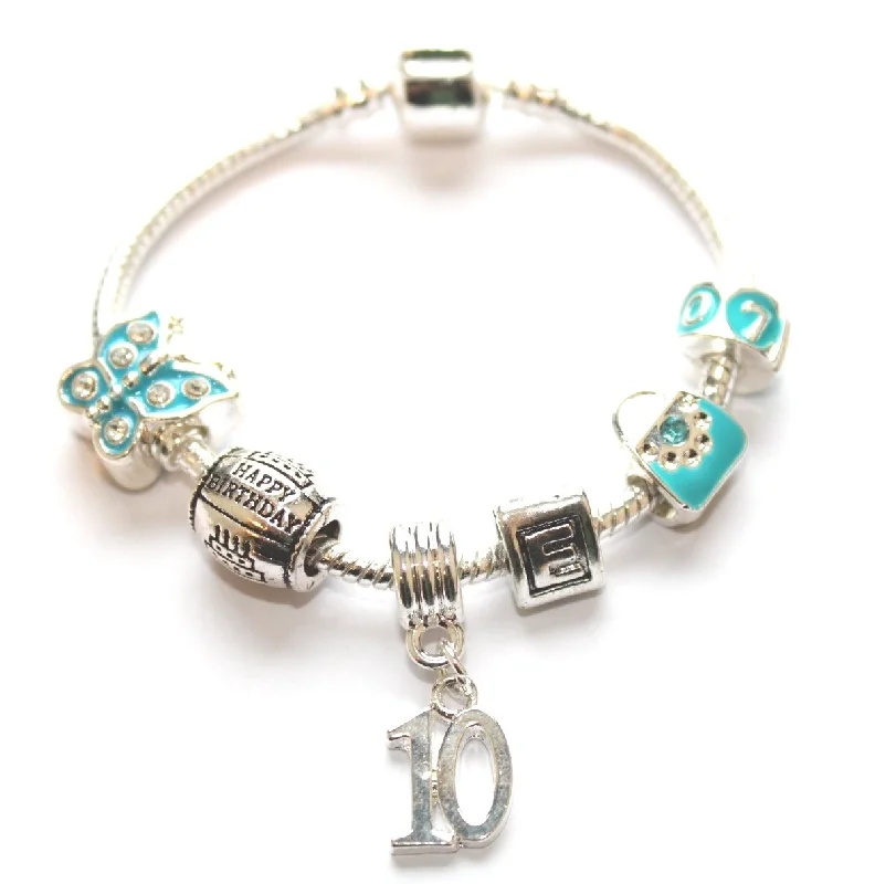 Children's Blue 'Happy 10th Birthday' Silver Plated Charm Bead Bracelet