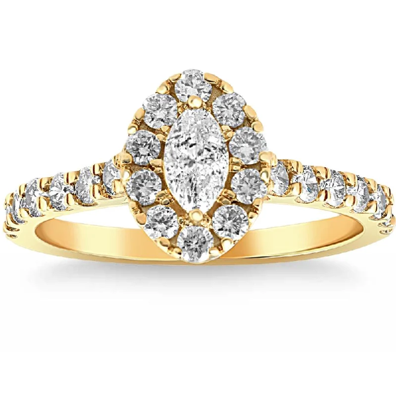 contemporary engagement rings -1Ct TW Marquise Diamond Halo Engagement Ring in White, Yellow, or Rose Gold