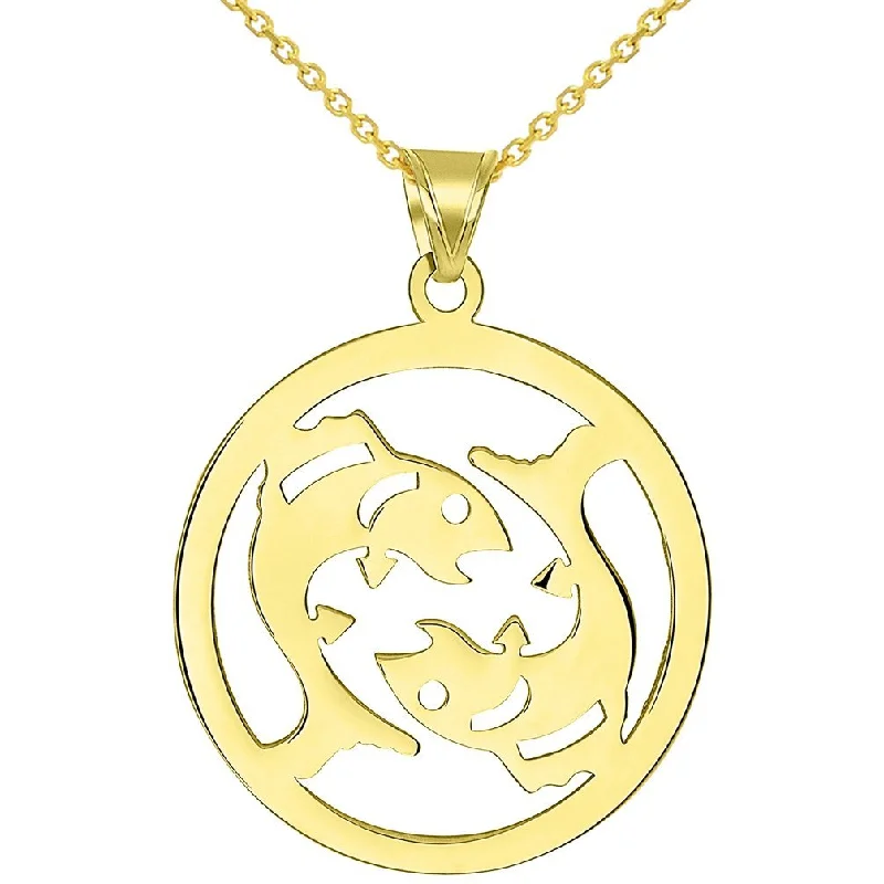 women charm necklaces -Solid 14k Yellow Gold Round Pisces Zodiac Symbol Cut-Out Fish Pendant Necklace