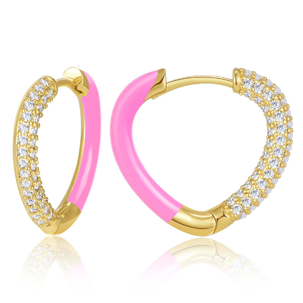 women fashion earrings -Pink Enamel Heart Huggie Hoops