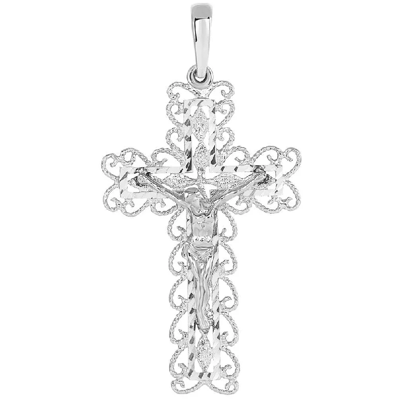 women designer necklaces -14k White Gold Fancy Filigree Religious Cross Jesus Crucifix Pendant