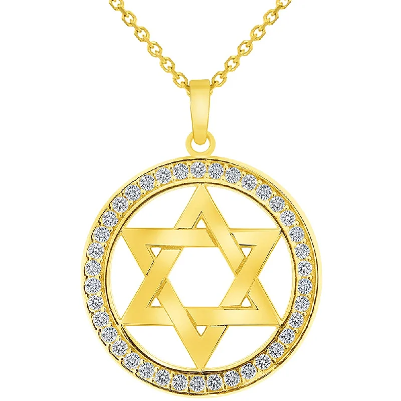 women crystal necklaces -14k Yellow Gold Cubic Zirconia Round Shield of David Open Hebrew Star Pendant with Rolo Cable, Cuban Curb, or Figaro Chain Necklaces