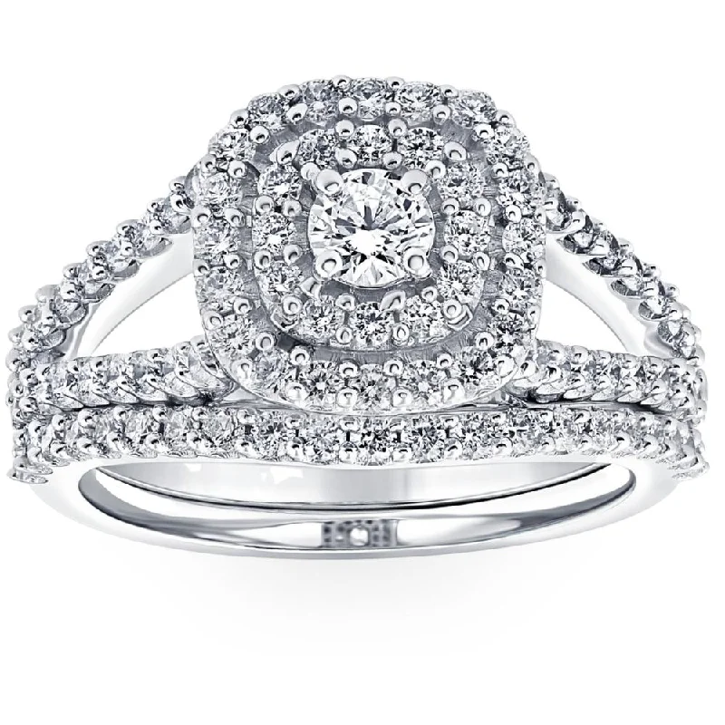 wedding ring and engagement ring sets -1Ct Lab Grown Diamond Cushion Halo Engagement Wedding Ring Set 10K White Gold